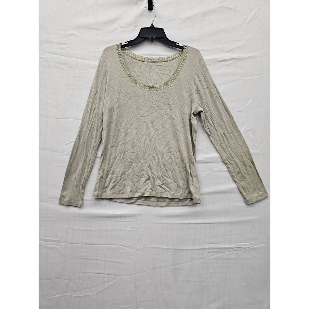 A New Day Womens XL Sage Green Ribbed Long Sleeve Crochet Lace Scoop Neck Top